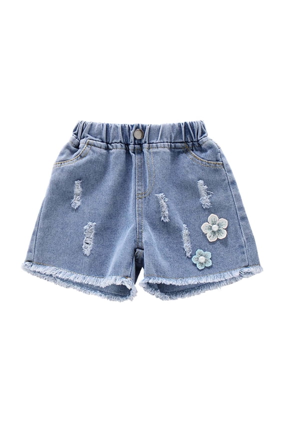 Girls' Elastic-Waist Denim Shorts Loose A-Line Cut with Cute Embroidery and Pockets