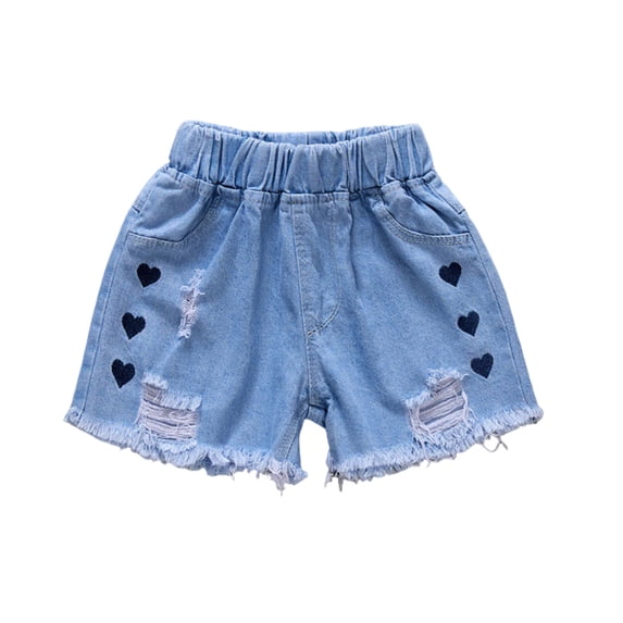 Ugoldhm Girls' Elastic-Waist Denim Shorts Loose A-Line Cut with Cute Embroidery and Pockets