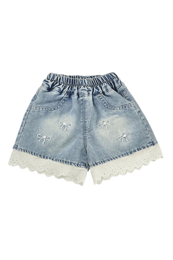 Girls' Elastic Waist Denim Shorts Loose Straight-Leg A-Line Cut with Pockets and Cute Embellishments