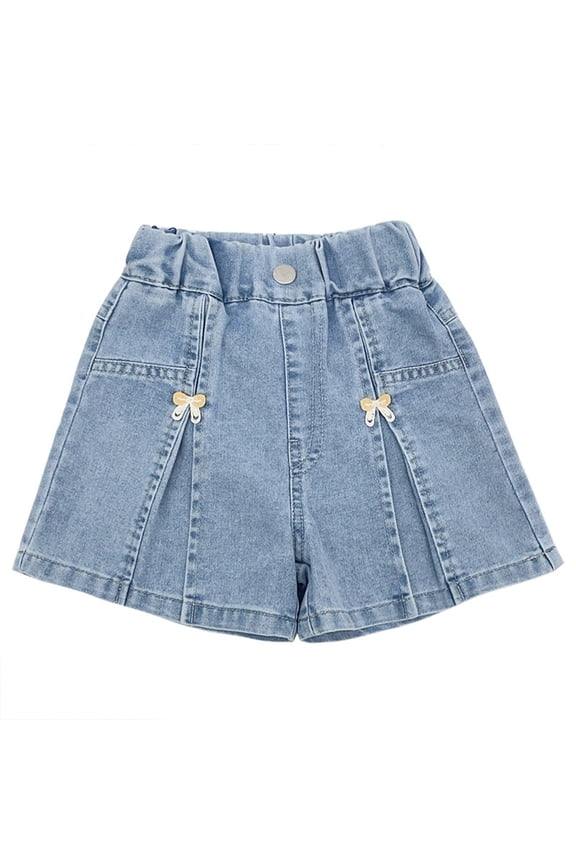Girls' Elastic Waist Denim Shorts Loose Straight-Leg A-Line Cut with Pockets and Cute Embellishments