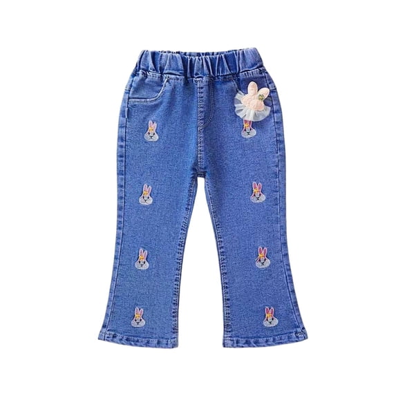 Ugoldhm Girls Elastic Waist Flared Denim Pants Patch Decor Frayed Hem Kids Jeans for Outwear Vacation