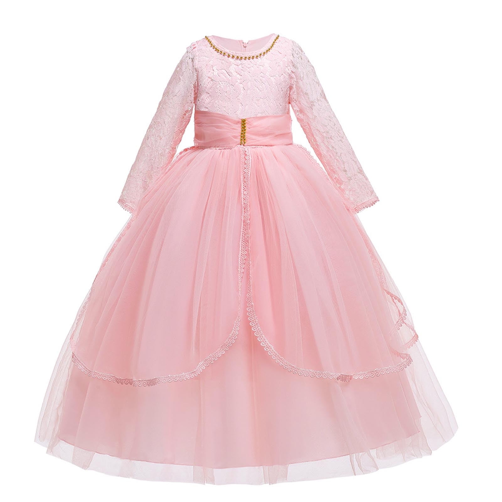 Girls Long Sleeve Embellished Fit & Flare Party Wear Dress - Pink / 7-8 Y