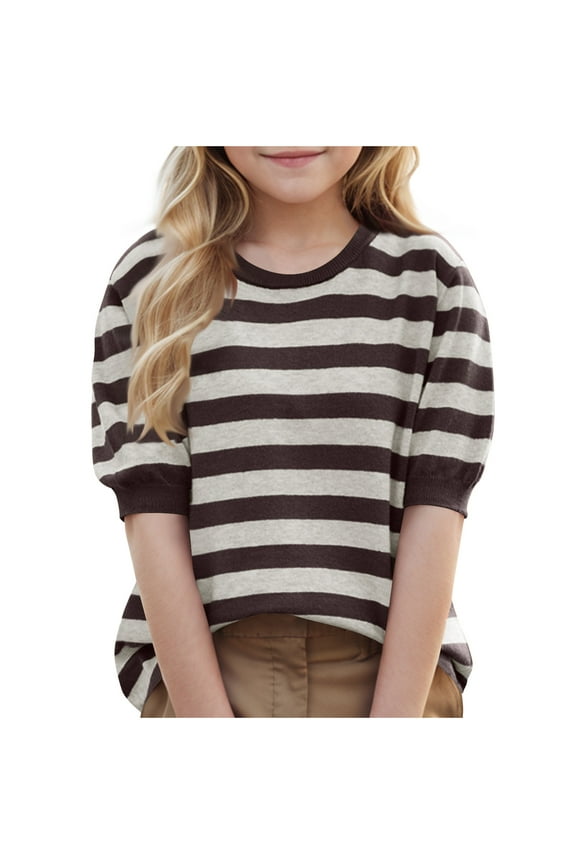 Girls Fall Shirts Strip Elbow Sleeve Casual Top Round Neck Tunic Fashion Spring Tees