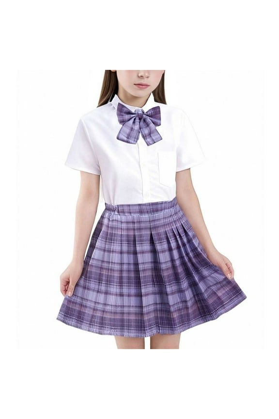 Girls' Fashion Set – Sailor Collar Top with Plaid Bow Detail & Pleated Skirt, Trendy Casual & School Uniform