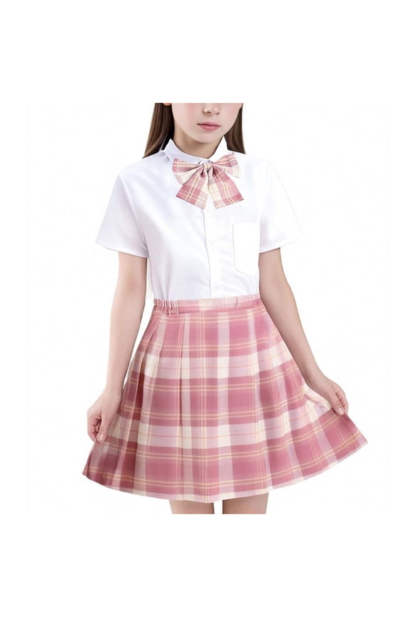 Girls' Fashion Set – Sailor Collar Top with Plaid Bow Detail & Pleated Skirt, Trendy Casual & School Uniform