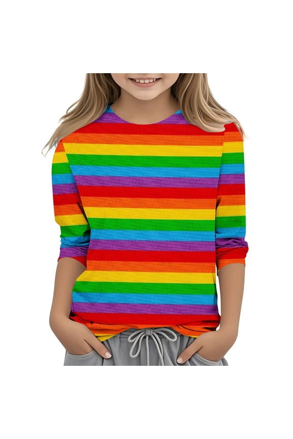 Girls Fashion Shirts Rainbow Stripe 3/4 Sleeve Tops Casual Spring Fall Tees 3-11 Years