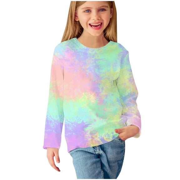 Ugoldhm Girls Fashion Shirts Round Neck Long Sleeve Fall Tops Tie Dye Print Tees Sizes 3-13
