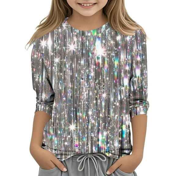 Ugoldhm Girls Fashion Shirts Sequin Printed Round Neck Tops Casual Colorful 3/4 Sleeve Tees
