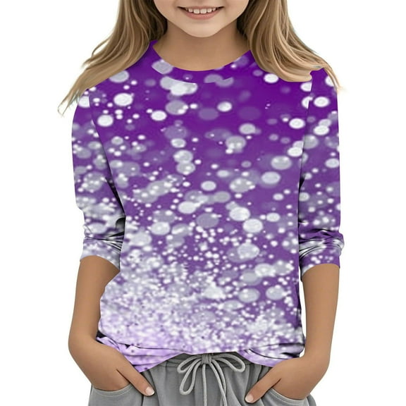 Ugoldhm Girls Fashion Shirts Sequin Printed Round Neck Tops Casual Colorful 3/4 Sleeve Tees