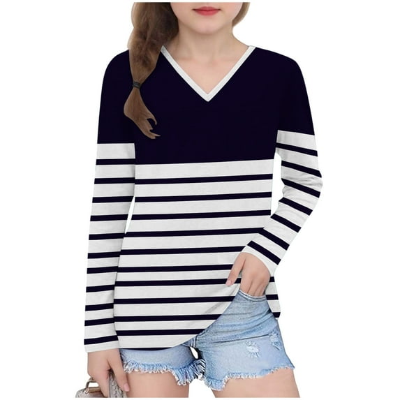 Ugoldhm Girls Fashion Shirts V Neck Striped Tunic Casual Tops Fall Long Sleeve Loose Tees