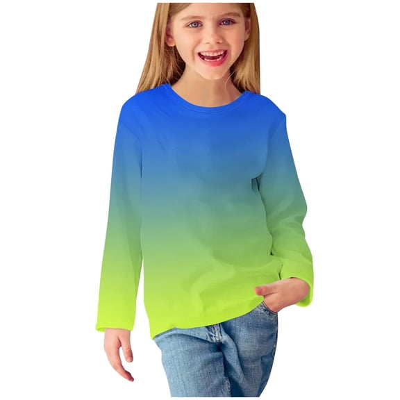Ugoldhm Girls Fashion Tops Gradient Long Sleeve Round Neck Tees Fall Going Out Shirts 3-13 Years