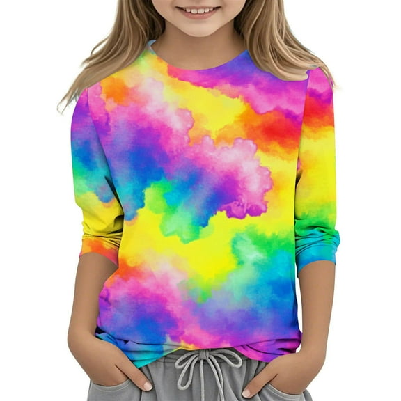 Ugoldhm Girls Fashion Tops Tie Dye Round Neck Colorful Tees Kids Casual 3/4 Sleeve Shirts