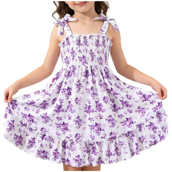 Ugoldhm Girls Floral Print Tie Strap Ruffle Hem Dress - Smocked Bodice Casual Summer Sundress