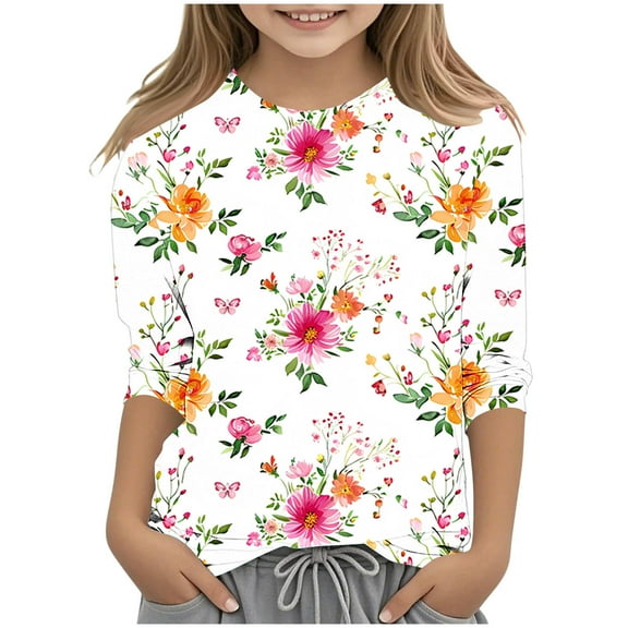 Ugoldhm Girls Floral Printed Shirts Casual Crewneck 3/4 Sleeve Tops Fall Winter Undershirts