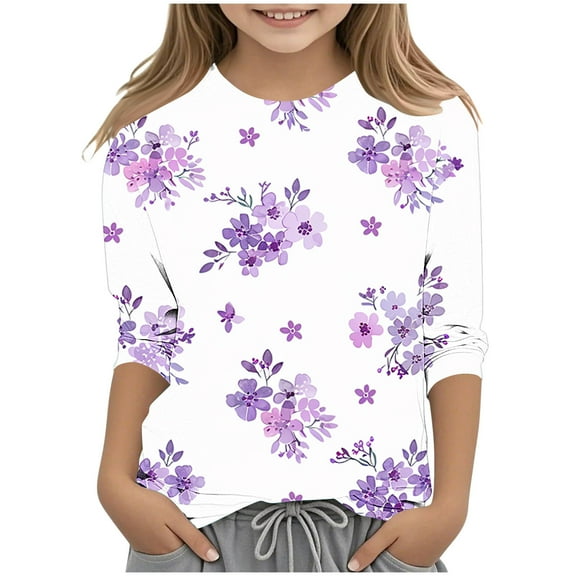 Ugoldhm Girls Floral Printed Shirts Casual Crewneck 3/4 Sleeve Tops Fall Winter Undershirts