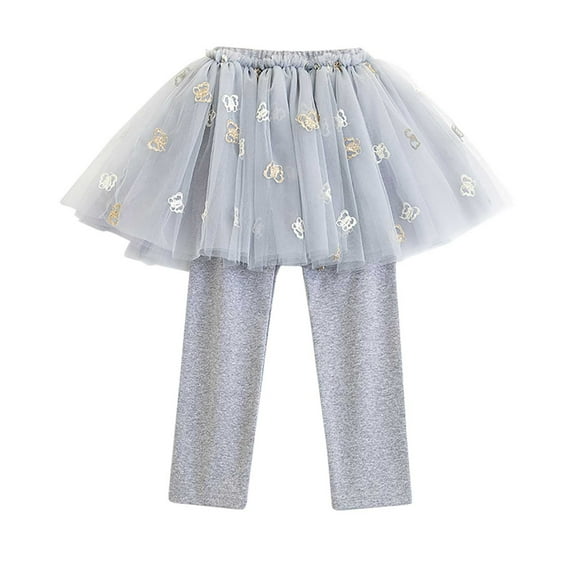 Ugoldhm Girls Footless Leggings with Tutu Skirt - Butterfly Detail Tulle Ruffle Pantskirt for 2-10 Years