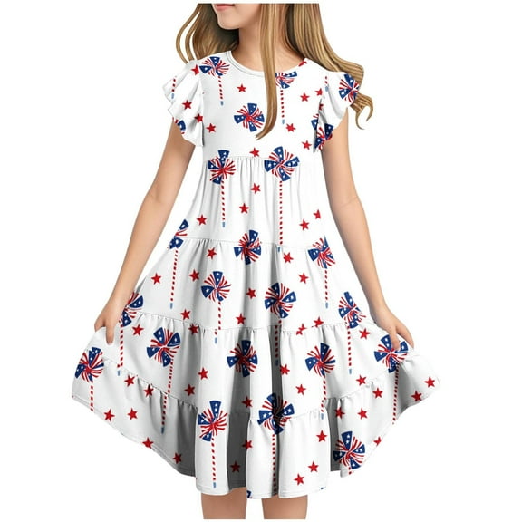Ugoldhm Girls' Fourth of July Fit & Flare Beach Dress Short Sleeve, Star Print, Boho Casual for 6-15 Years