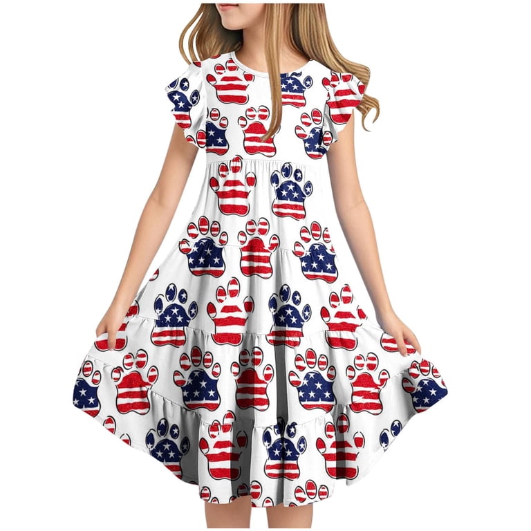Ugoldhm Girls' Fourth of July Fit & Flare Beach Dress Short Sleeve, Star Print, Boho Casual for 6-15 Years, Girl's, Size: 8 Years, White Ugoldhm Girls' Fourth of July Fit & Flare Beach Dress Short Sleeve, Star Print, Boho Casual for 6-15 Years, Girl's, Size: 8 Years, White