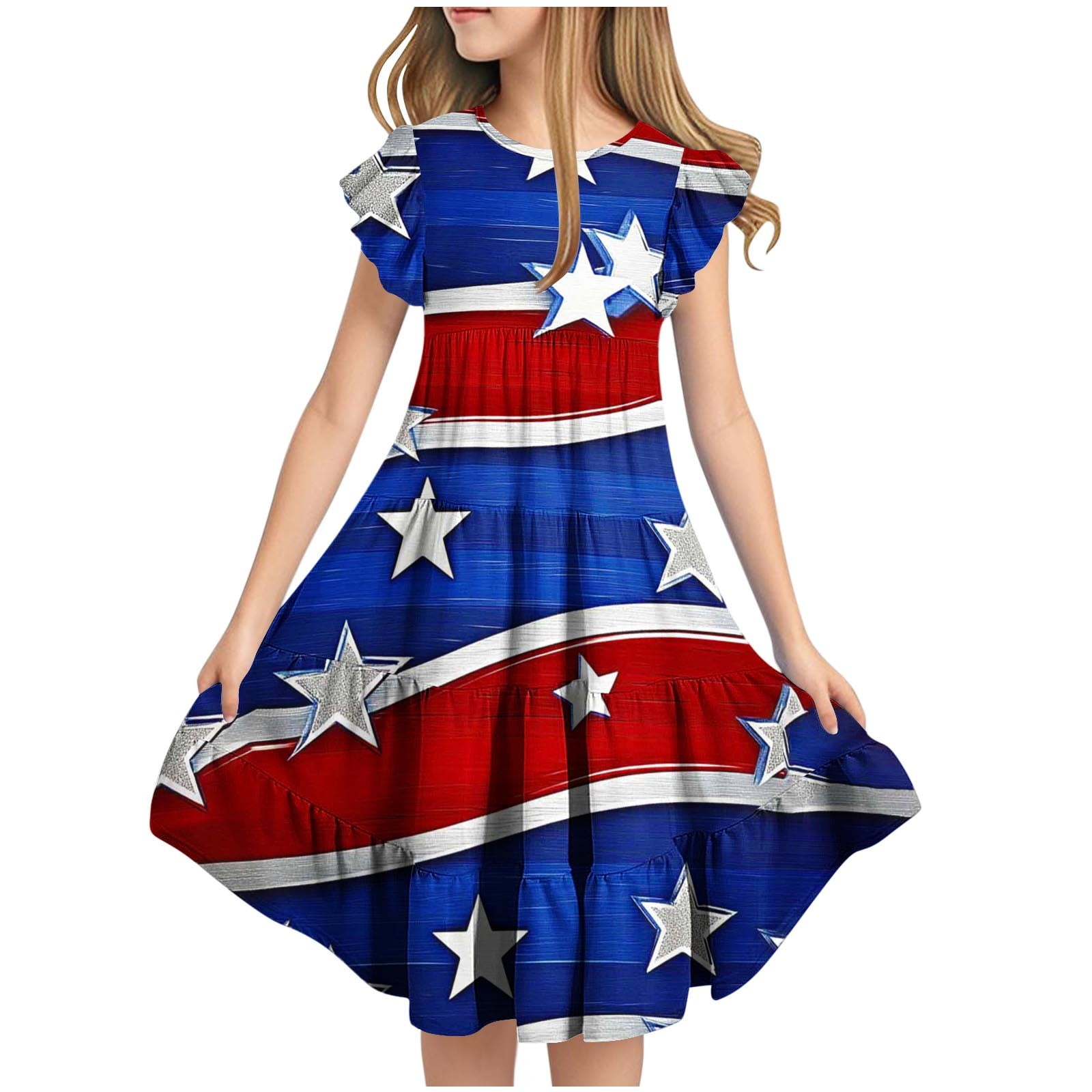 Ugoldhm Girls' Fourth of July Fit & Flare Beach Dress Short Sleeve, Star  Print, Boho Casual for 6-15 Years - Walmart.com
