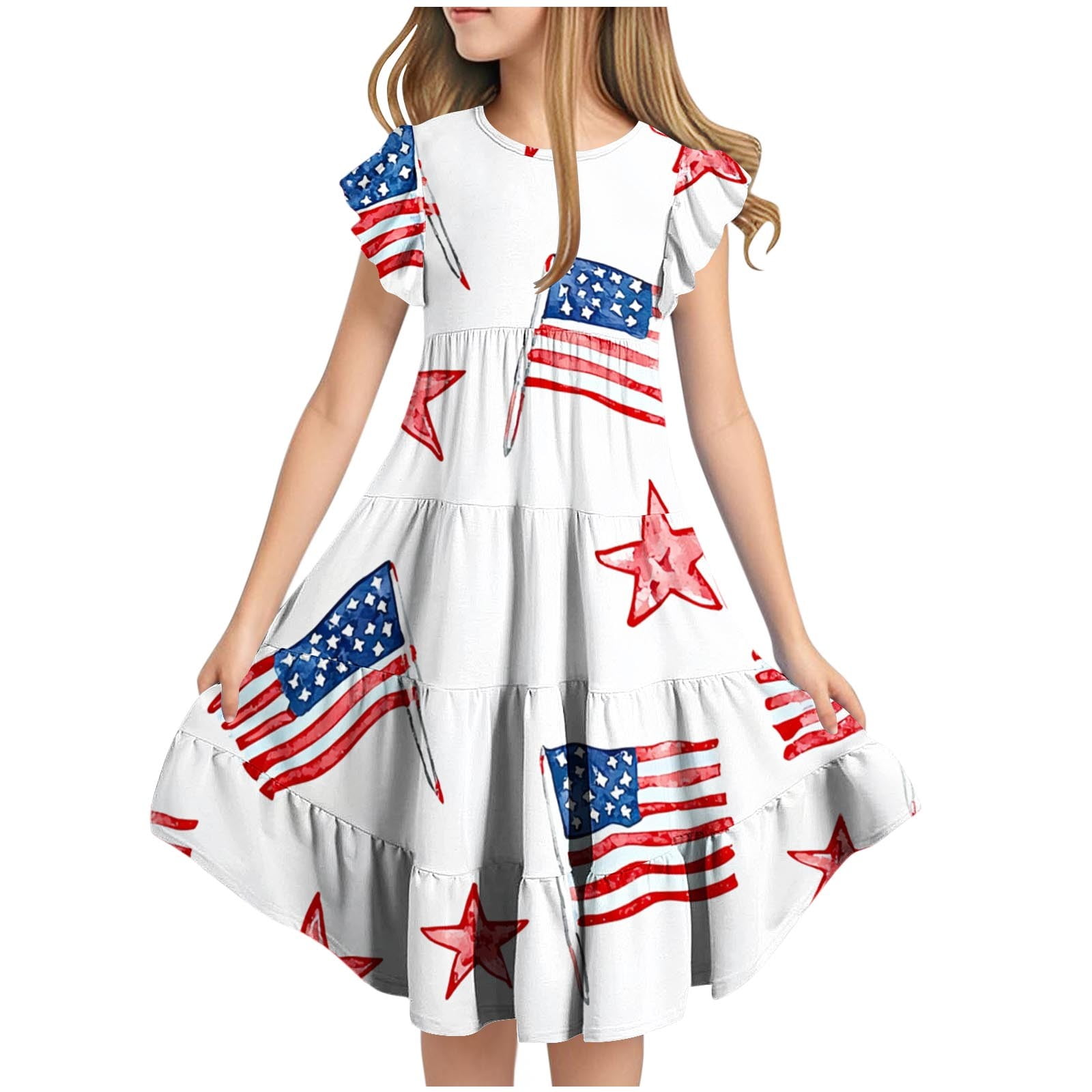 Ugoldhm Girls' Fourth of July Fit & Flare Beach Dress Short Sleeve, Star Print, Boho Casual for 6-15 Years, Girl's, Size: 6 Years, White