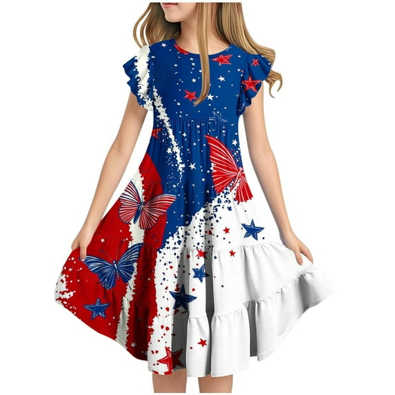 Ugoldhm Girls' Fourth of July Fit & Flare Beach Dress Short Sleeve, Star Print, Boho Casual for 6-15 Years