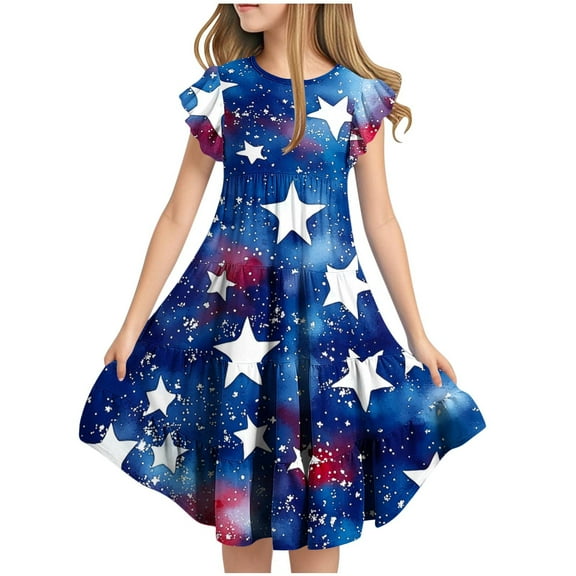 Ugoldhm Girls' Fourth of July Fit & Flare Sundress Star Print, Short Sleeve, Crew Neck for 6-15 Years