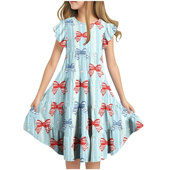 Ugoldhm Girls' Fourth of July Fit & Flare Sundress Star Print, Short Sleeve, Crew Neck for 6-15 Years