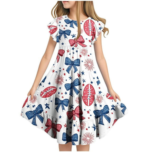 Ugoldhm Girls' Fourth of July Fit & Flare Sundress Star Print, Short Sleeve, Crew Neck for 6-15 Years