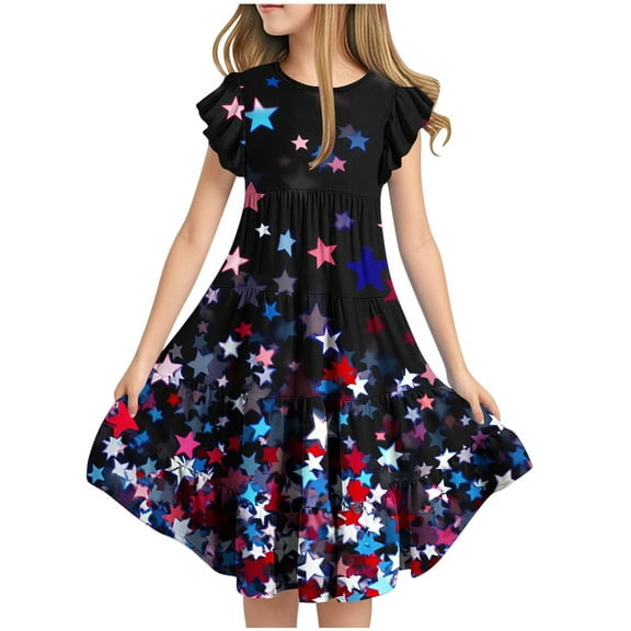 Ugoldhm Girls' Fourth of July Fit & Flare Sundress Star Print, Short Sleeve, Crew Neck for 6-15 Years