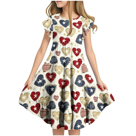 Ugoldhm Girls' Fourth of July Fit & Flare Sundress Star Print, Short Sleeve, Crew Neck for 6-15 Years