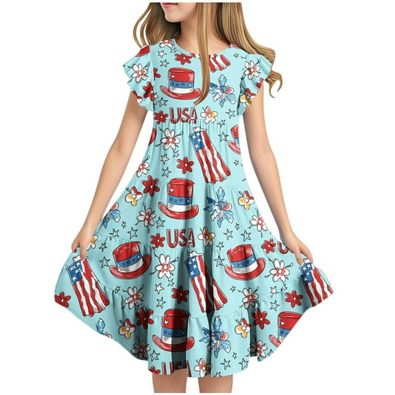 Ugoldhm Girls' Fourth of July Fit & Flare Sundress Star Print, Short Sleeve, Crew Neck for 6-15 Years
