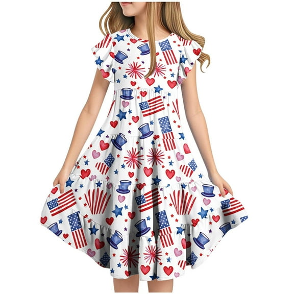 Ugoldhm Girls' Fourth of July Fit & Flare Sundress Star Print, Short Sleeve, Crew Neck for 6-15 Years