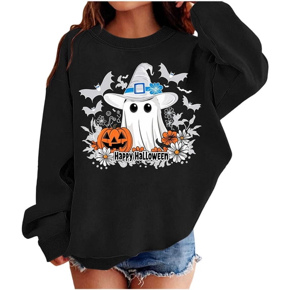 Ugoldhm Girls Halloween Floral Print Crew Neck Sweatshirt Long Sleeve Loose Fit Casual Pullover