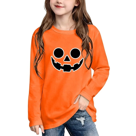 Ugoldhm Girls Halloween Glow In The Dark Print Crew Neck Long Sleeve Shirts Soft Casual Fall Top