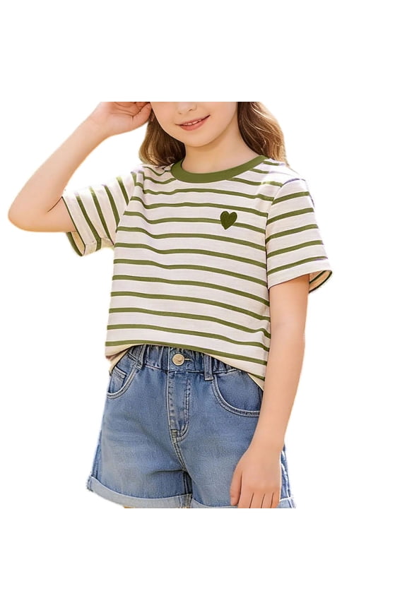 Girls' Heart Embroidery Striped T-Shirt Crew Neck Casual Tee Cute Sweet Style Top Sizes 12M-9Y