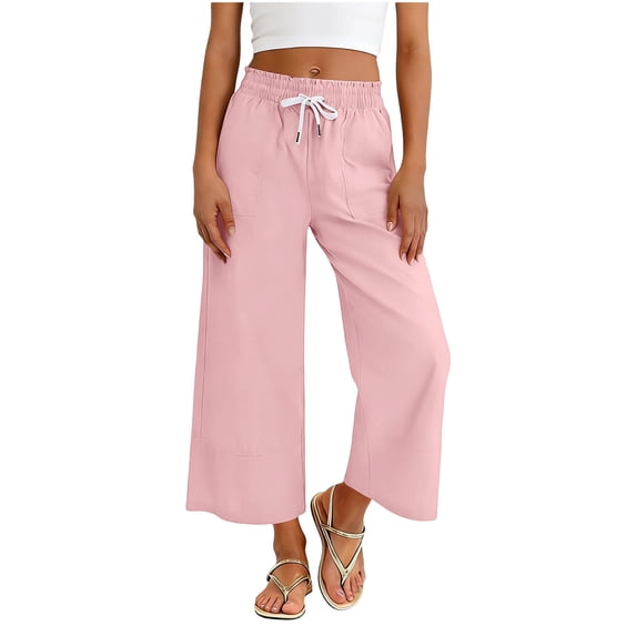 Ugoldhm Girls High Waist Wide Leg Cropped Pants Drawstring Waist Loose Fit Trousers with Pockets for Daily Wear