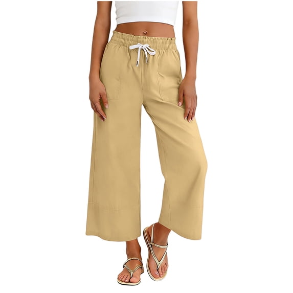Ugoldhm Girls High Waist Wide Leg Cropped Pants Drawstring Waist Loose Fit Trousers with Pockets for Daily Wear