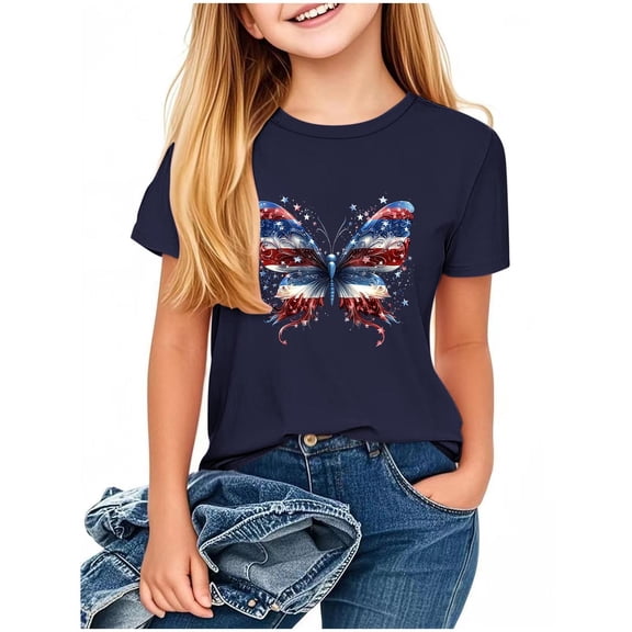 Ugoldhm Girls Independence Day Graphic Tees Red White Blue Summer Tops 2-13 Years Short Sleeve Patriotic Outfits