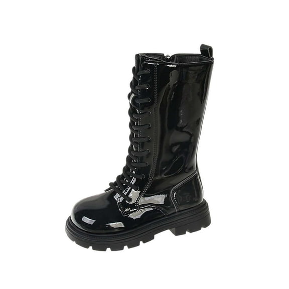 Ugoldhm Girls' Knee High Faux Leather Boots - Lace Up Side Zipper Fleece Lined Riding Shoes