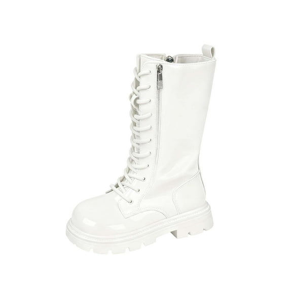 Ugoldhm Girls' Knee High Faux Leather Boots - Lace Up Side Zipper Fleece Lined Riding Shoes