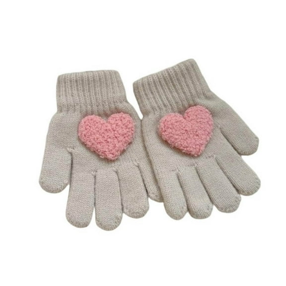 Ugoldhm Girls' Knit Gloves with Heart Pattern, Full Finger Cute Warm Winter Gloves (Ages 3-8 Years)