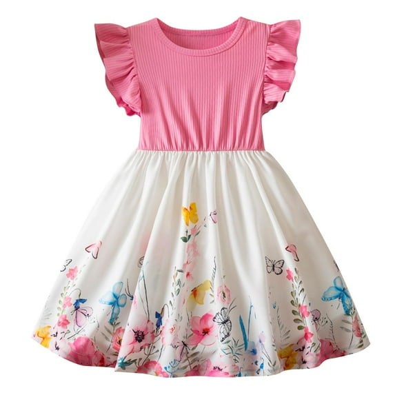Ugoldhm Girls' Knit Ribbed Butterfly Floral Fit & Flare Dress Crew Neck, Short Sleeve, Summer Casual for 3-8 Years