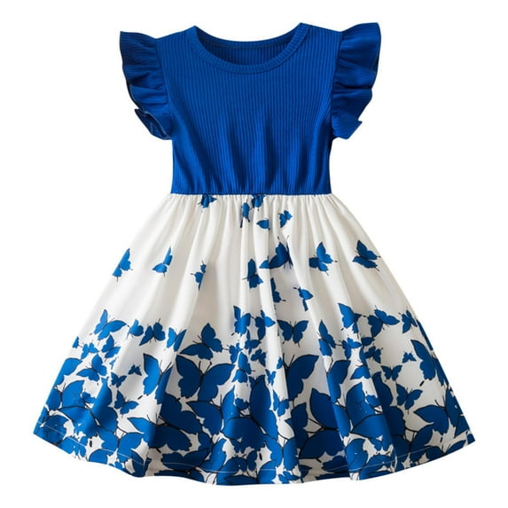 Ugoldhm Girls' Knit Ribbed Butterfly Print Party Dress Flutter Sleeve, Fit & Flare, Crew Neck for 3-8 Years