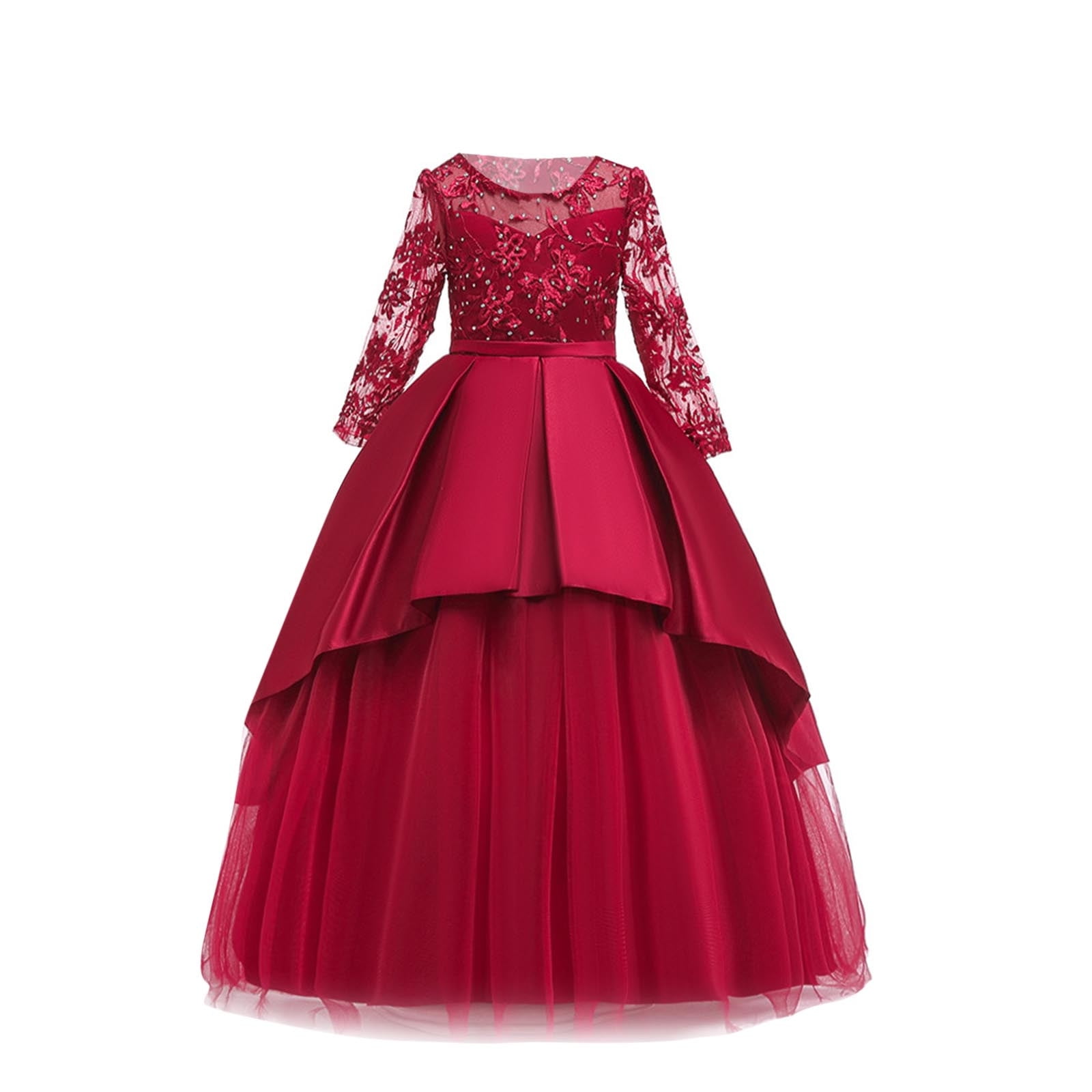 Ugoldhm Girls Lace Mesh Bow Ball Gown Long Sleeve Crew Neck Fall Birthday Dress Kids Special Occasion Dresses Sizes 7-14
