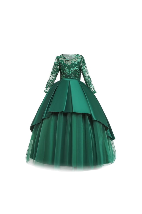 Girls Lace Mesh Bow Ball Gown Long Sleeve Crew Neck Fall Birthday Dress Kids Special Occasion Dresses Sizes 7-14