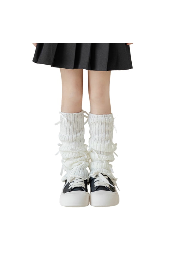 Girls Leg Warmers with Bow, Vintage Y2K Style Kawaii Knit High Socks, Sizes 3-15 Years