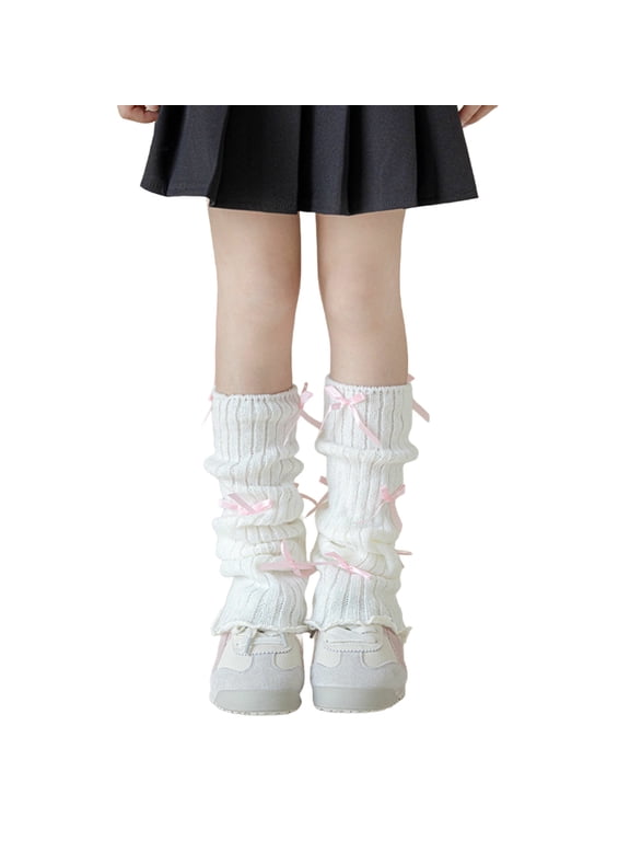 Girls Leg Warmers with Bow, Vintage Y2K Style Kawaii Knit High Socks, Sizes 3-15 Years