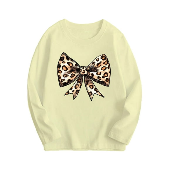 Ugoldhm Girls Long Sleeve Tops Crewneck Leopard Print Bow Graphic Tees Fall Fashion Cute Shirts