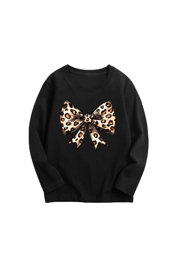 Girls Long Sleeve Tops Crewneck Leopard Print Bow Graphic Tees Fall Fashion Cute Shirts