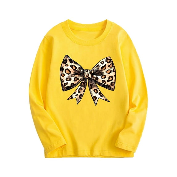 Ugoldhm Girls Long Sleeve Tops Crewneck Leopard Print Bow Graphic Tees Fall Fashion Cute Shirts
